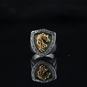 Retro shield ring for men featuring a gold horse head relief and silver-toned finish