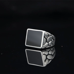 Retro men's silver ring with square black obsidian stone and pebble texture sides