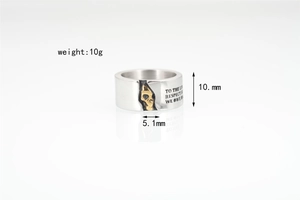 Detail of hip-hop skeleton ring showing 10mm width and 10g weight specifications