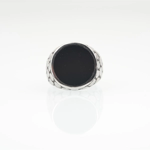 Retro stainless steel ring with round black obsidian stone and textured relief band