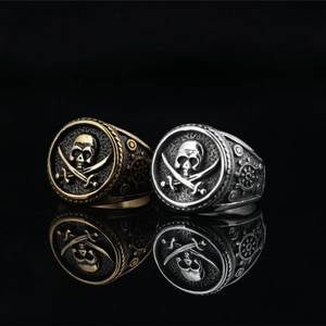 Retro Pirate Skull Seal Ring Stainless Steel Punk Gothic Ring For Men Vintage Cross Sabers Ship Wheel Signet Jewelry