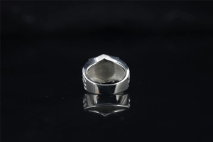 Detailed back view of a wide men's titanium steel ring with hard geometric lines