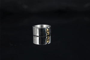 Detailed macro shot of vintage two-tone titanium steel skull ring with golden accents