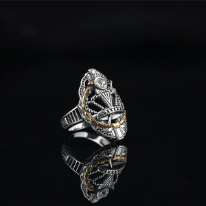 Bague couronne rétro bicolore argent et or ornée d'une pierre en zircon blanc