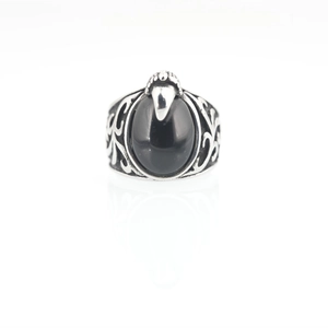Men's vintage titanium steel ring with large oval black stone and ornate carvings