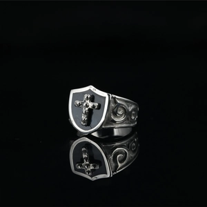 Gothic Cross Shield Ring Titanium Steel Vintage Punk Rock Band For Men Daily Party Accessory Black Enamel Jewelry Gift