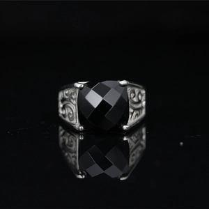 Vintage men's stainless steel ring with square black gemstone and carved vine details