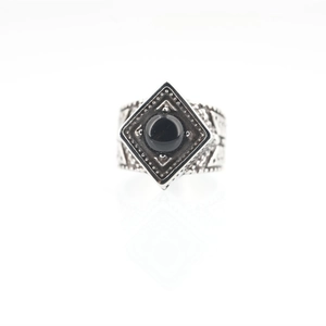Vintage square titanium steel ring for men featuring a black gemstone and carvings