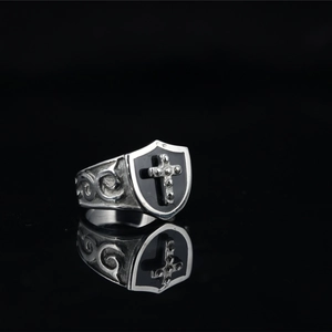 Men's retro stainless steel ring with black shield, cross detail and ornate carvings