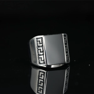 Men's retro stainless steel ring with black rectangular top and Greek key pattern