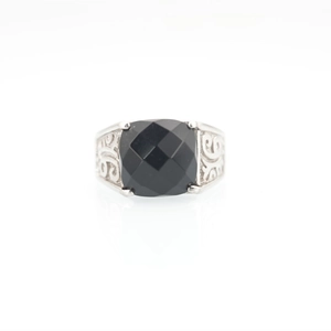 Vintage titanium steel ring for men featuring a large square black gemstone and ornate carvings