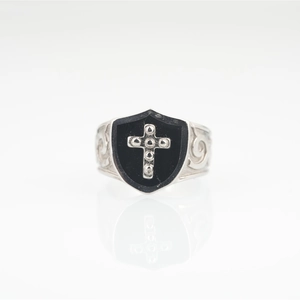 Gothic punk men's titanium steel shield ring with silver cross and black enamel inlay