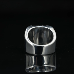 Gothic punk style men's wide square polished titanium steel ring on black background