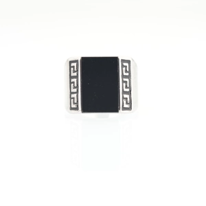 Men's vintage titanium steel square ring with black obsidian stone and Greek fret pattern