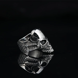 Gothic skull ring for men in retro silver stainless steel with detailed wing carvings