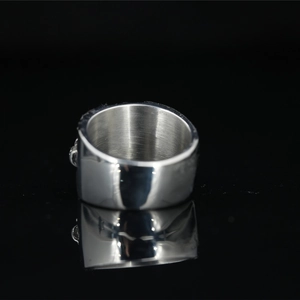 Silver punk skull ring made of titanium steel with industrial embossed relief design