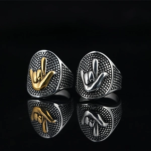 Bague pour Homme en Acier au Titane Vintage Punk Geste de la Main I Love You Hip Hop Texture en Relief Bijoux Rétro