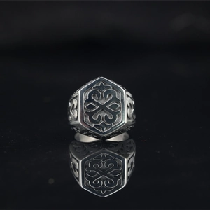 Retro gothic titanium steel ring with hexagonal totem carving and punk silver finish