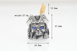 Detail view of pirate skull ring with size specs, blue gem eyes and golden feather
