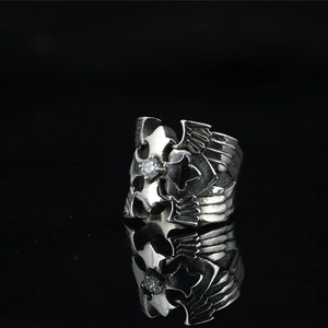 Retro Gothic Punk Titanium Steel Ring For Men Women With Cross Wings Pattern Round Zirconia Inlaid Vintage Motorbike Jewelry