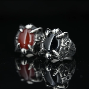 Gothic Dragon Claw Ring For Men Vintage Titanium Steel With Red Black Stone Punk Cross Skull Carving Band Jewelry Gift