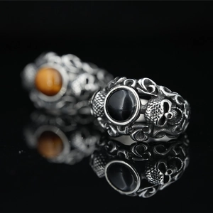 Vintage Gothic Skull Titanium Steel Ring For Men Women Black Agate Tiger Eye Stone Carved Punk Rock Finger Ring Jewelry