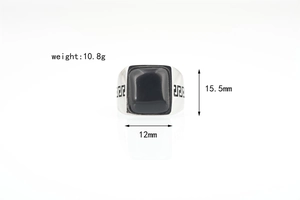Detail view of square black gemstone ring with classic silver Greek fret pattern