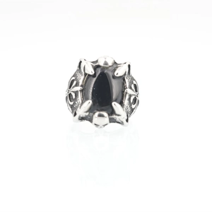 Vintage gothic punk dragon claw ring for men with black ruby stone and skull relief