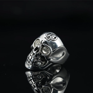 Vintage skull ring for men in gothic punk style with zirconia eyes and spade 13 logo