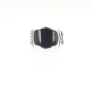 Men's titanium steel ring with black geometric enamel inlay and vintage scales texture