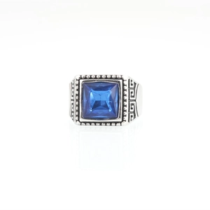 Bague vintage pour hommes en acier inoxydable avec pierre bleue carrée et motif grec