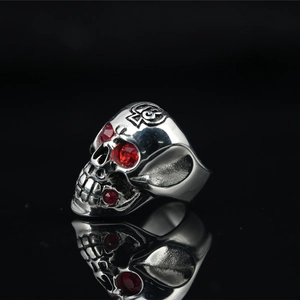 Vintage punk skull ring for men in silver stainless steel with red gemstone eyes