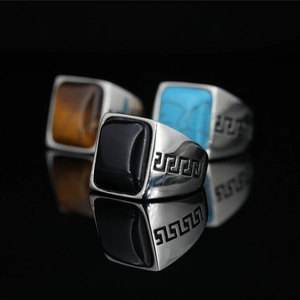 Vintage Titanium Steel Ring For Men Square Black Onyx Tiger Eye Turquoise Inlaid Retro Greek Key Pattern Hip Hop Jewelry