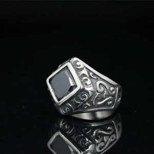 Vintage men's titanium steel ring with black square gemstone and gothic scroll engraving