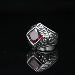 Men's vintage titanium steel ring with square red gemstone and scroll engravings