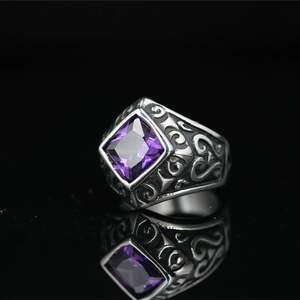 Vintage men's titanium steel ring with square purple gemstone and ornate carvings