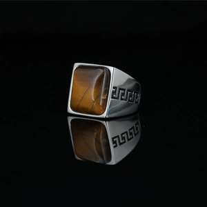 Men's vintage titanium steel ring with square tiger eye stone and Greek key engraving