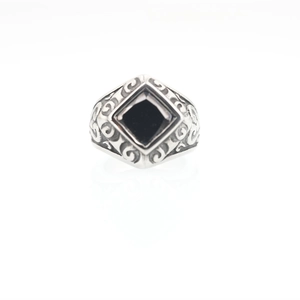 Vintage men's titanium steel ring with black square stone and scroll engraving