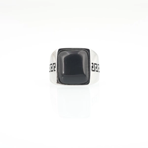 Men's titanium steel ring with square black stone and silver Greek key engravings