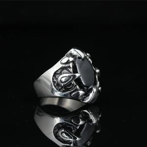 Gothic punk black onyx ring in vintage silver eagle claw setting with detailed relief