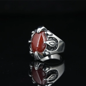 Vintage gothic men's stainless steel ring with red agate oval stone in eagle claw setting