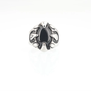Vintage punk black agate stainless steel ring for men with ornate embossed details