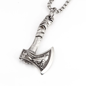 Collier Pendentif Hache Viking Vintage Homme Acier Inoxydable Relief Loup Aigle Embossé Hip Hop Punk Bijoux Argent Antique