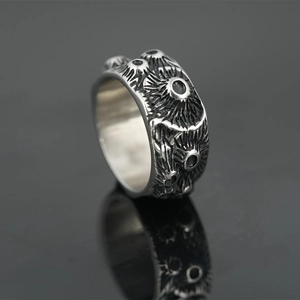Punk style wide titanium steel ring with 3D moon crater texture and black finish