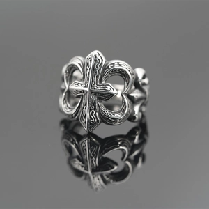 Vintage Titanium Steel Cross Fleur-de-lis Ring For Men Women Gothic Punk Hip Hop Oxidized Silver Biker Finger Ring Jewelry