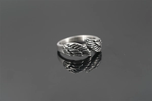 Macro shot of vintage silver oxidized angel wing ring with clear feathered textures