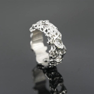 Vintage irregular titanium steel ring for men with silver lava texture and avant-garde style