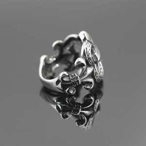 Vintage gothic fleur-de-lis cross ring in oxidized silver with a unique open design