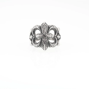 Vintage oxidized silver ring with cross and fleur-de-lis patterns in gothic style