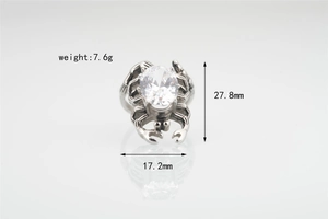 Detailed view of silver spider ring with crystal zirconia and dimensions 27.8mm by 17.2mm